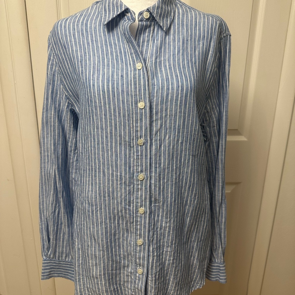 Lord & Taylor Blue/White Striped Women’s Linen Button-down Shirt Size L